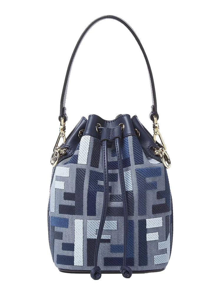 ‘Mon Tresor Mini’ Blue Bucket Bag with Drawstring Closure and All-Over FF Motif in Cotton Blend Woman
