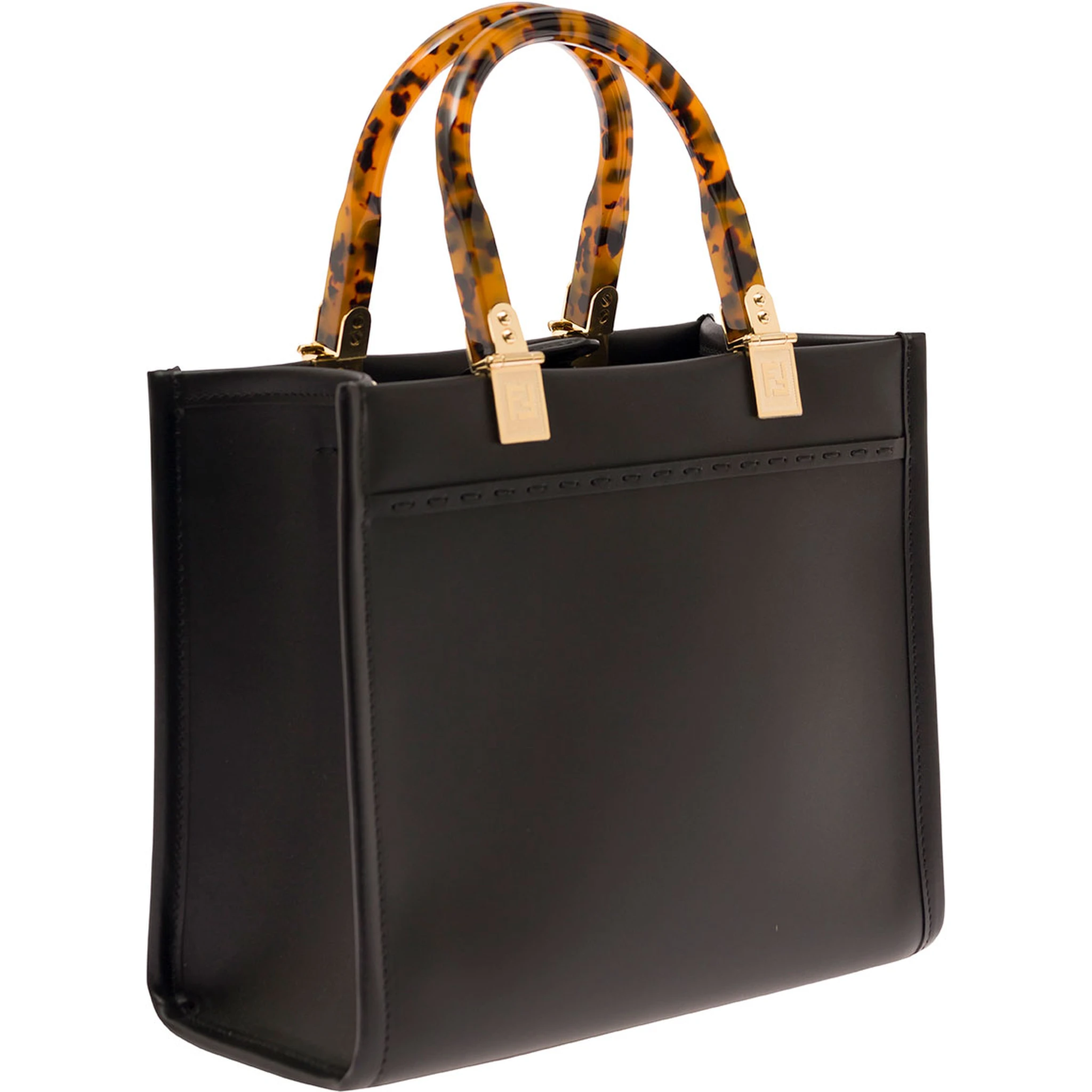 Sunshine Small Black Tote Bag with Embossed Logo and Tortoiseshell Handles in Leather Woman