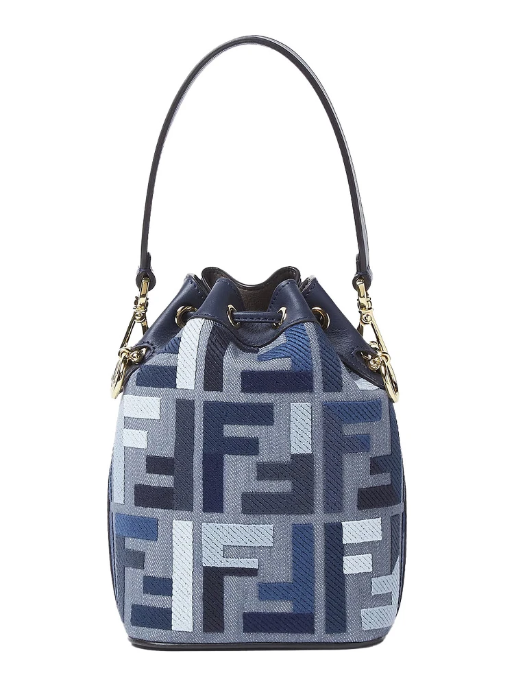 ‘Mon Tresor Mini’ Blue Bucket Bag with Drawstring Closure and All-Over FF Motif in Cotton Blend Woman alternative