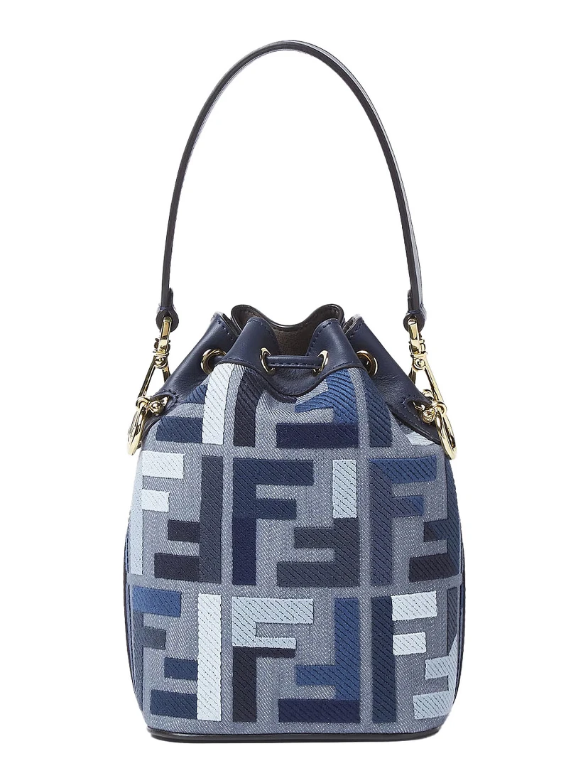 ‘Mon Tresor Mini’ Blue Bucket Bag with Drawstring Closure and All-Over FF Motif in Cotton Blend Woman