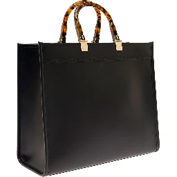 Sunshine Black Handbag with Embossed Logo and Tortoiseshell Handles in Leather Woman