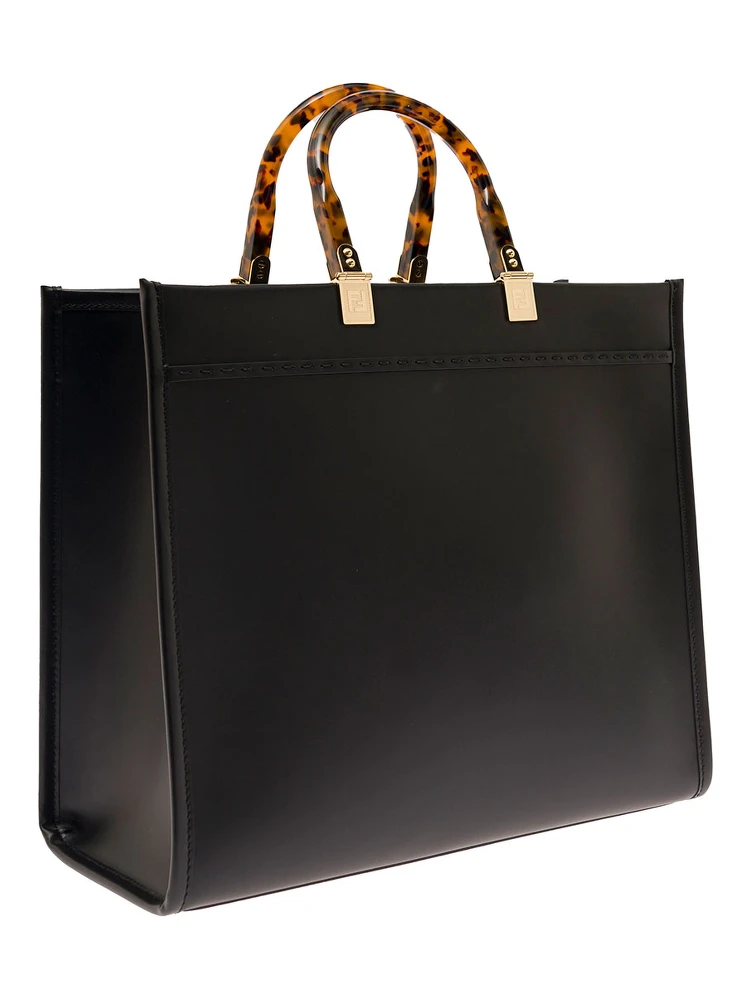 Sunshine Black Handbag with Embossed Logo and Tortoiseshell Handles in Leather Woman alternative