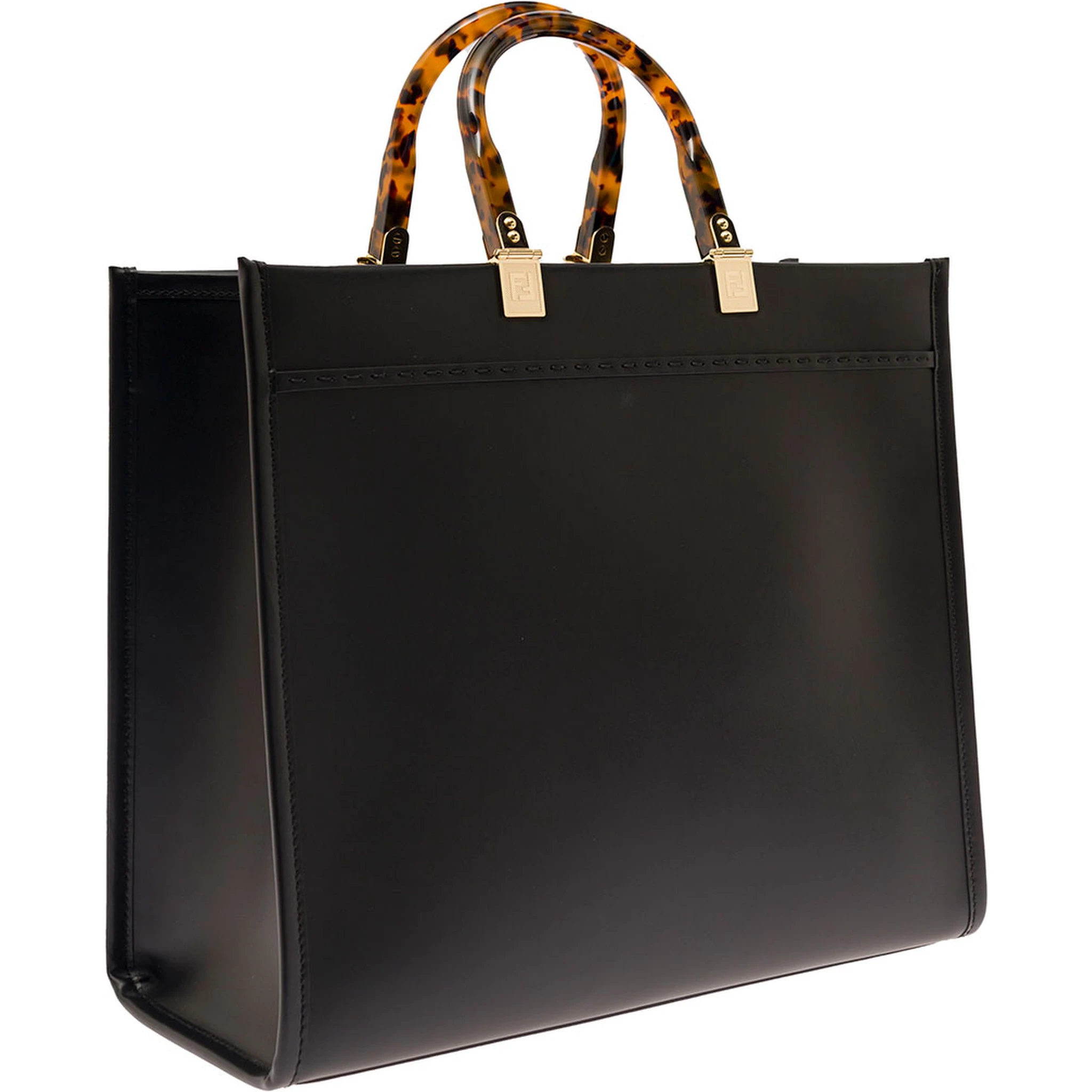 Sunshine Black Handbag with Embossed Logo and Tortoiseshell Handles in Leather Woman