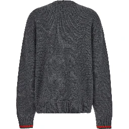 Grey Crewneck Sweater with Web Detail on the Cuffs in Wool and Cashmere Blend Woman