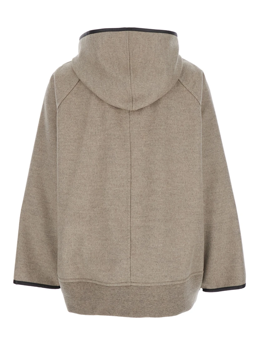 Beige Coat with Hood and Leather Trims in Wool and Cashmere Woman