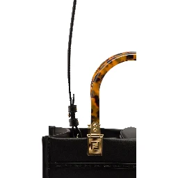 Sunshine Small Black Tote Bag with Embossed Logo and Tortoiseshell Handles in Leather Woman