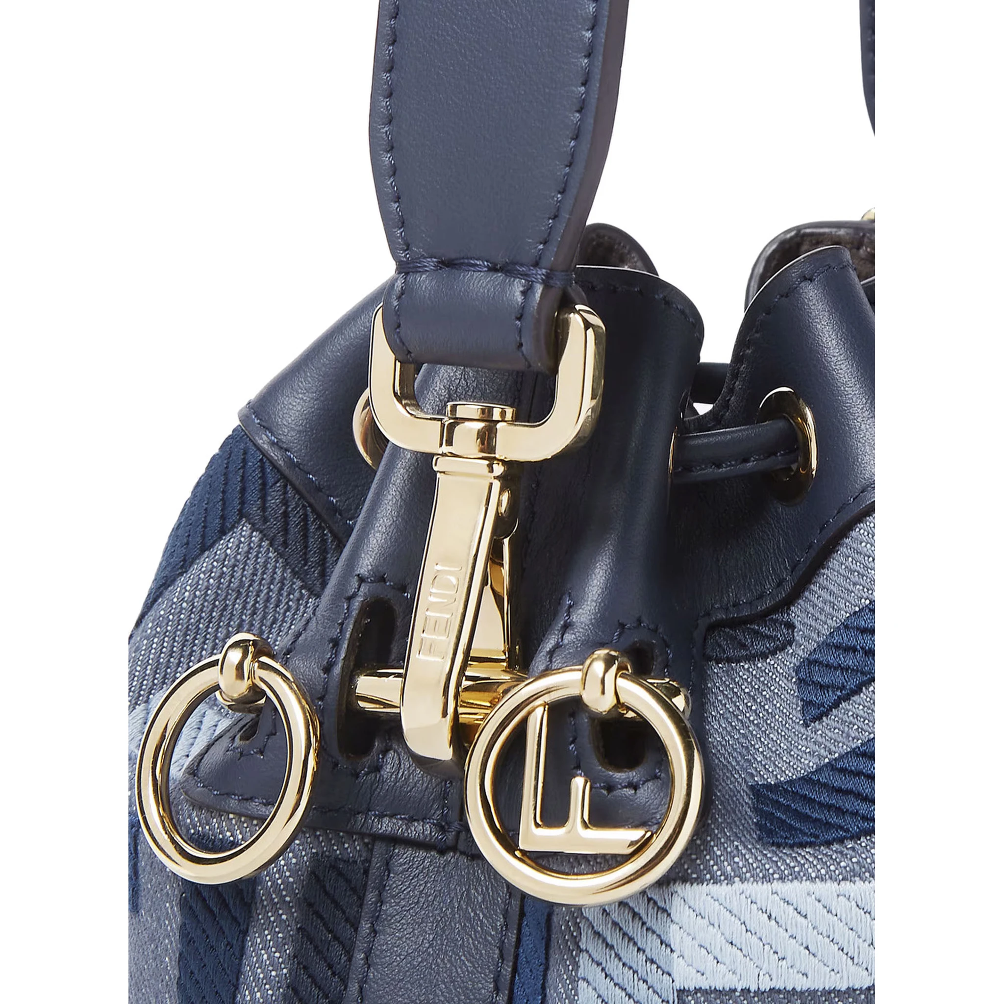 ‘Mon Tresor Mini’ Blue Bucket Bag with Drawstring Closure and All-Over FF Motif in Cotton Blend Woman