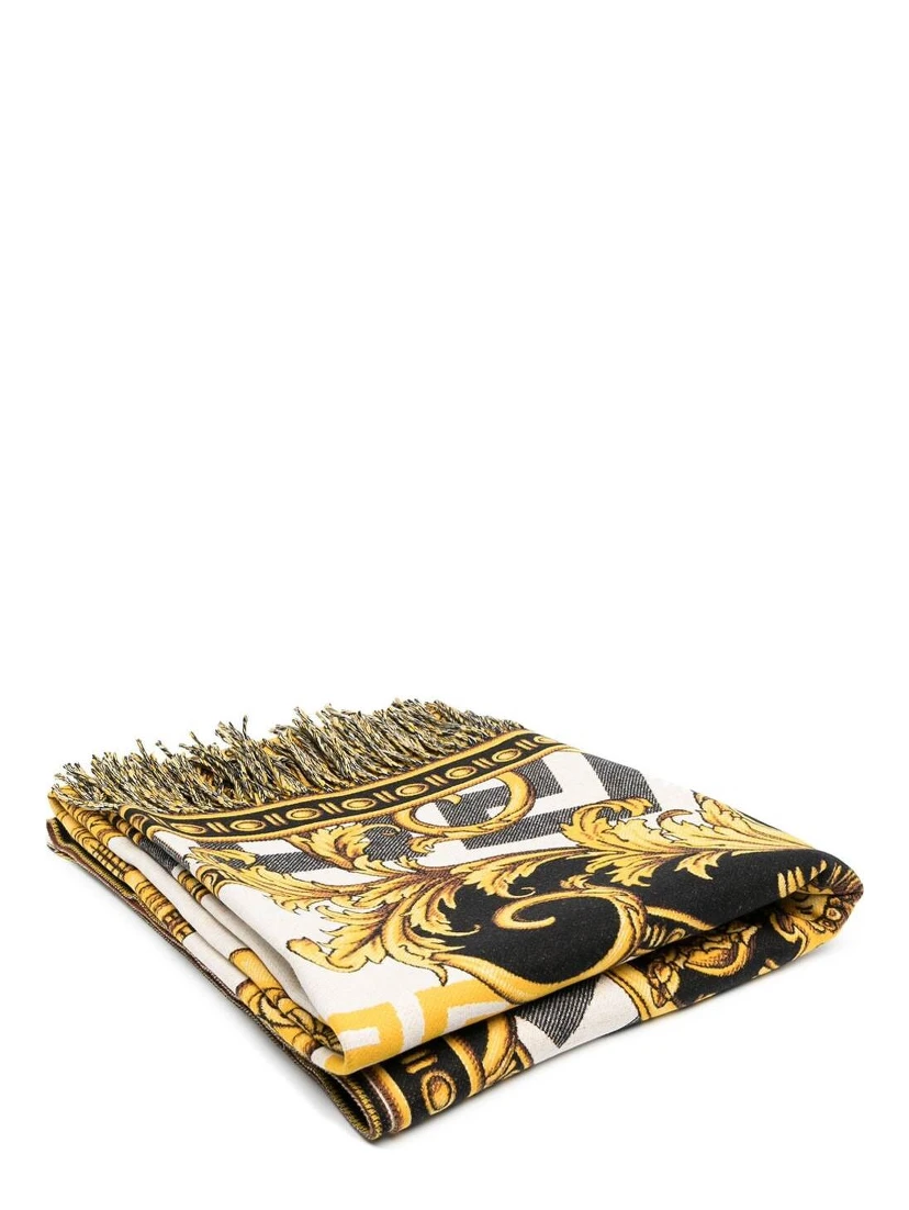 White / Gold / Black Wool Blanket with All Over Baroque Print