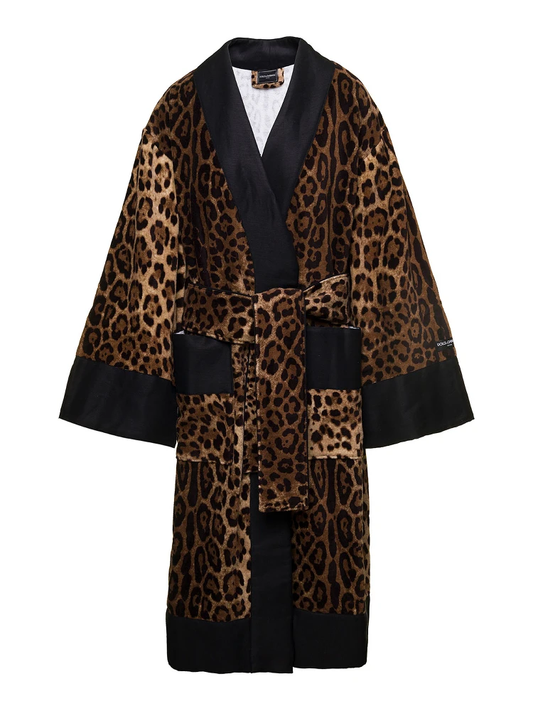 Multicolor Kimono Bathrobe with All-Over Leopard Print in Cotton Dolce & Gabbana