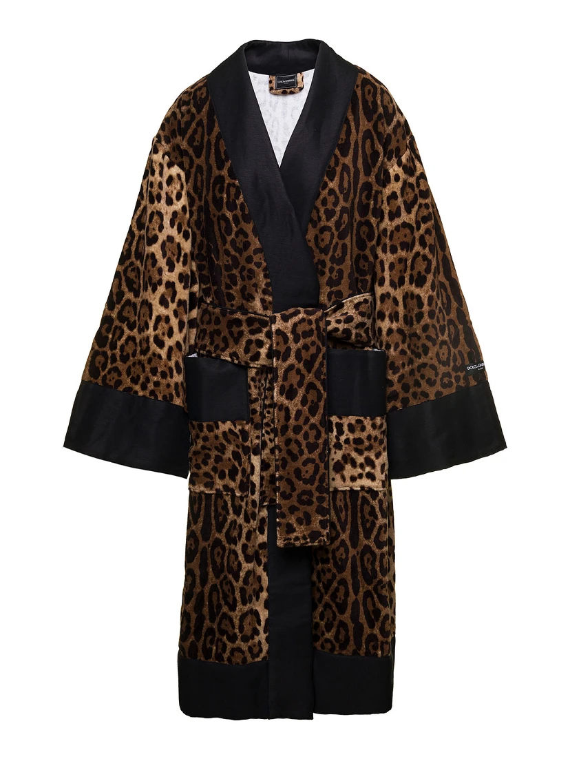 Multicolor Kimono Bathrobe with All-Over Leopard Print in Cotton Dolce & Gabbana
