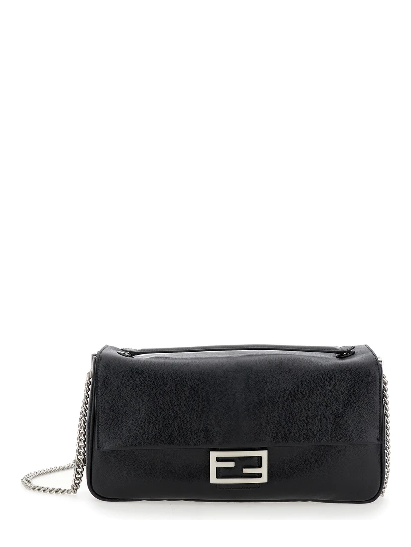 Baguette Chain Large Black Crossbody Bag with FF Closure in Leather Woman