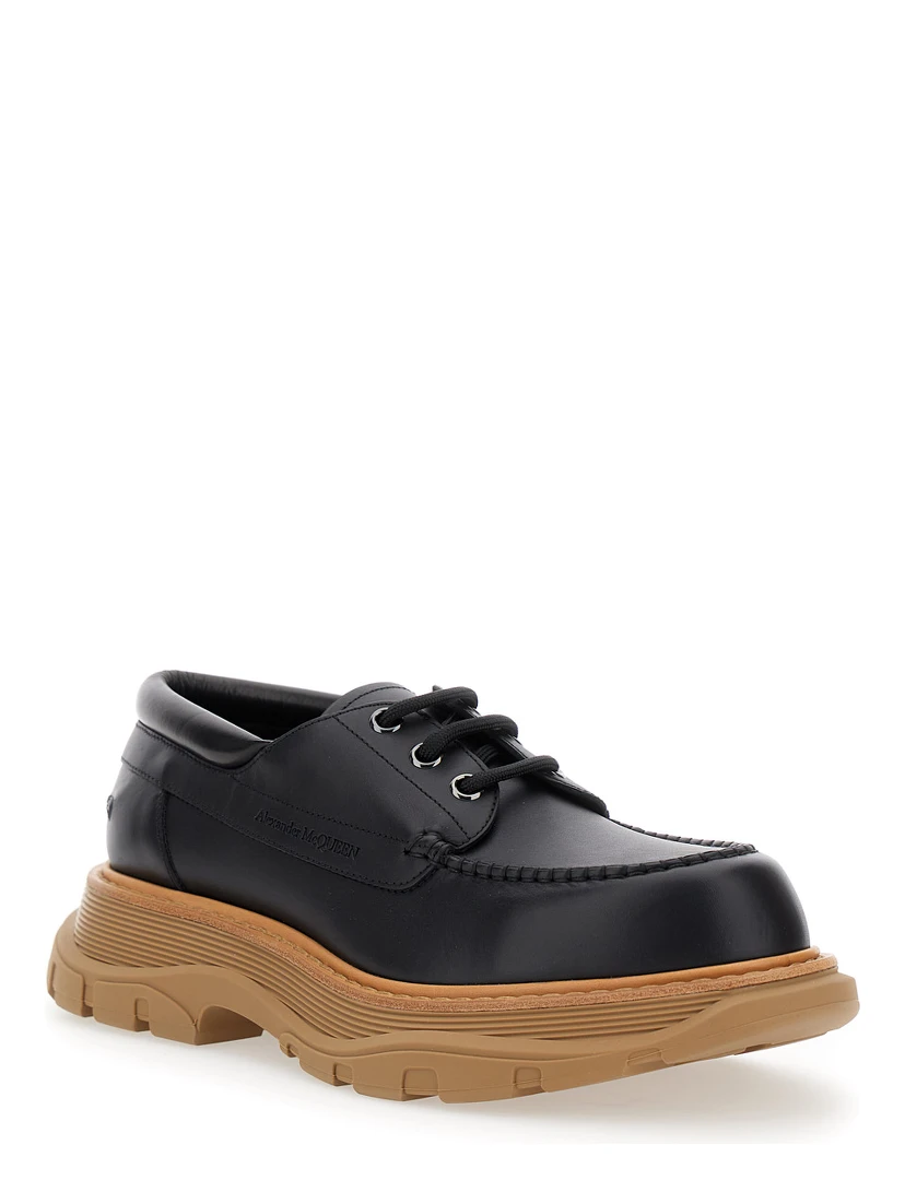 Black Derby Shoes with Engraved Logo and Platform in Leather Man