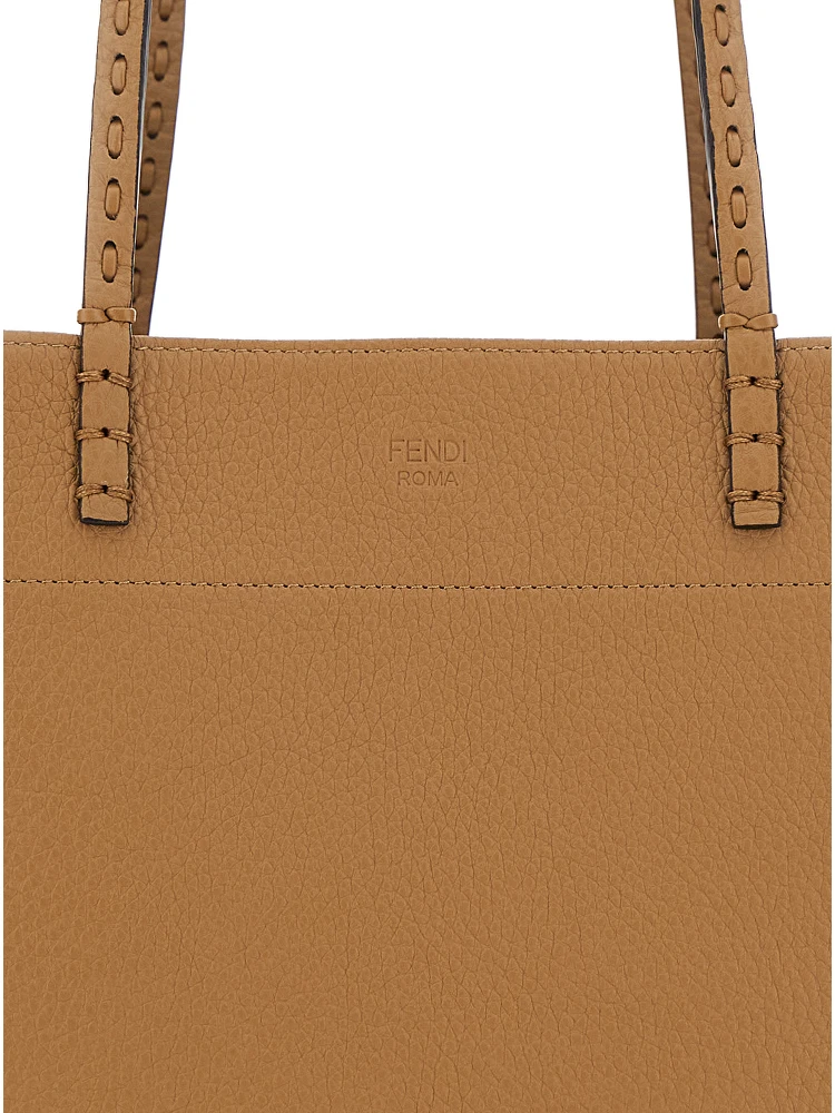 Roll Medium Brown Shopper with Flat Handles and Embossed Logo in Leather Woman alternative