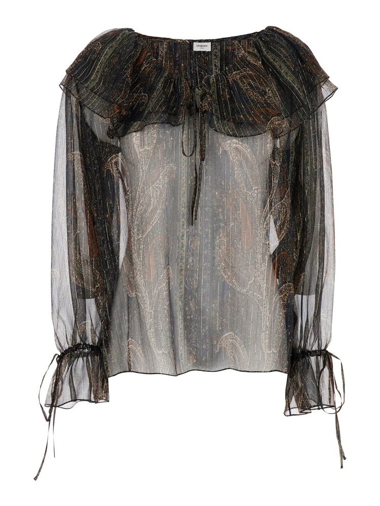 Multicolor Off-Shoulder Blouse with Drawstring Poet Sleeves in Silk Blend Woman