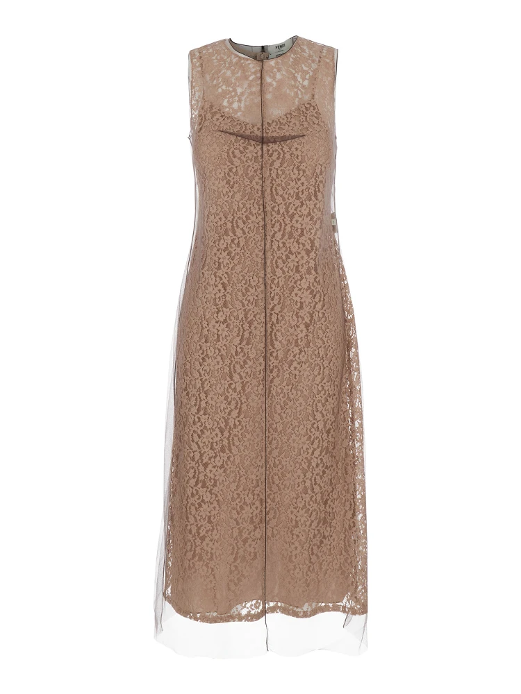Beige Sleeveless Crewneck Dress with Floral Embroidery in Lace Woman
