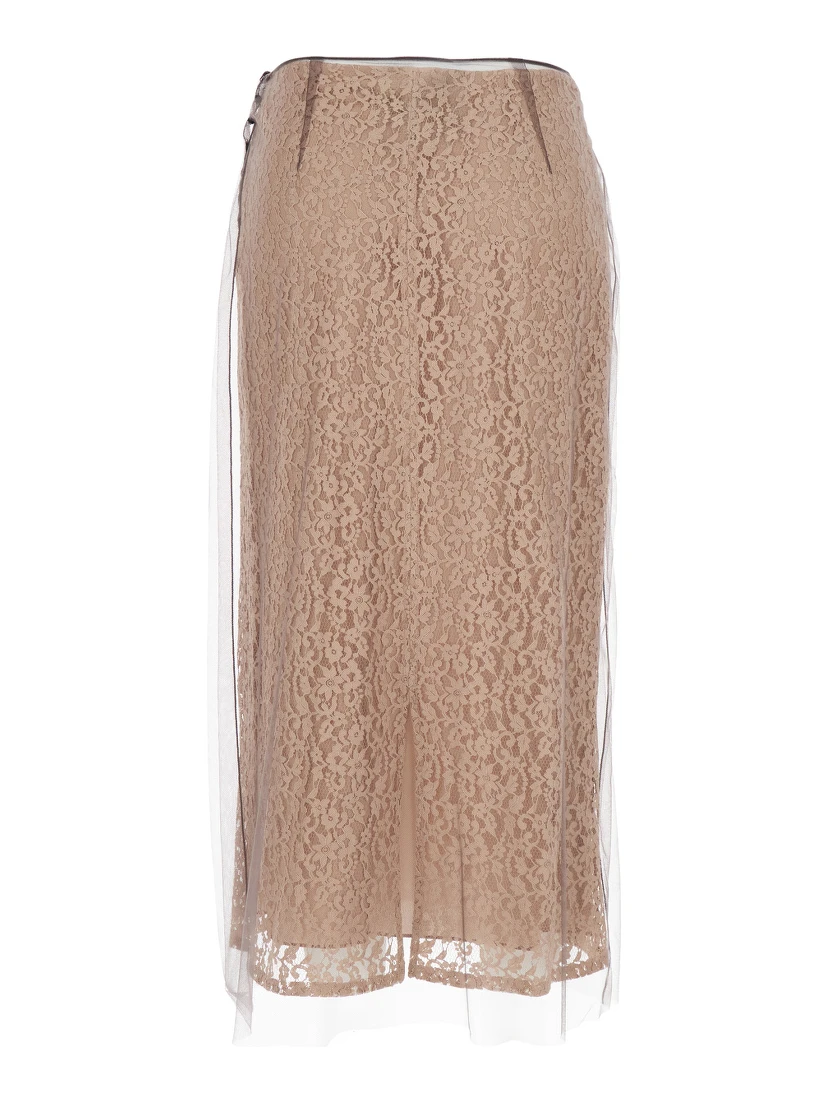 Beige Tube Skirt with All-Over Floral Embroidery in Lace Woman