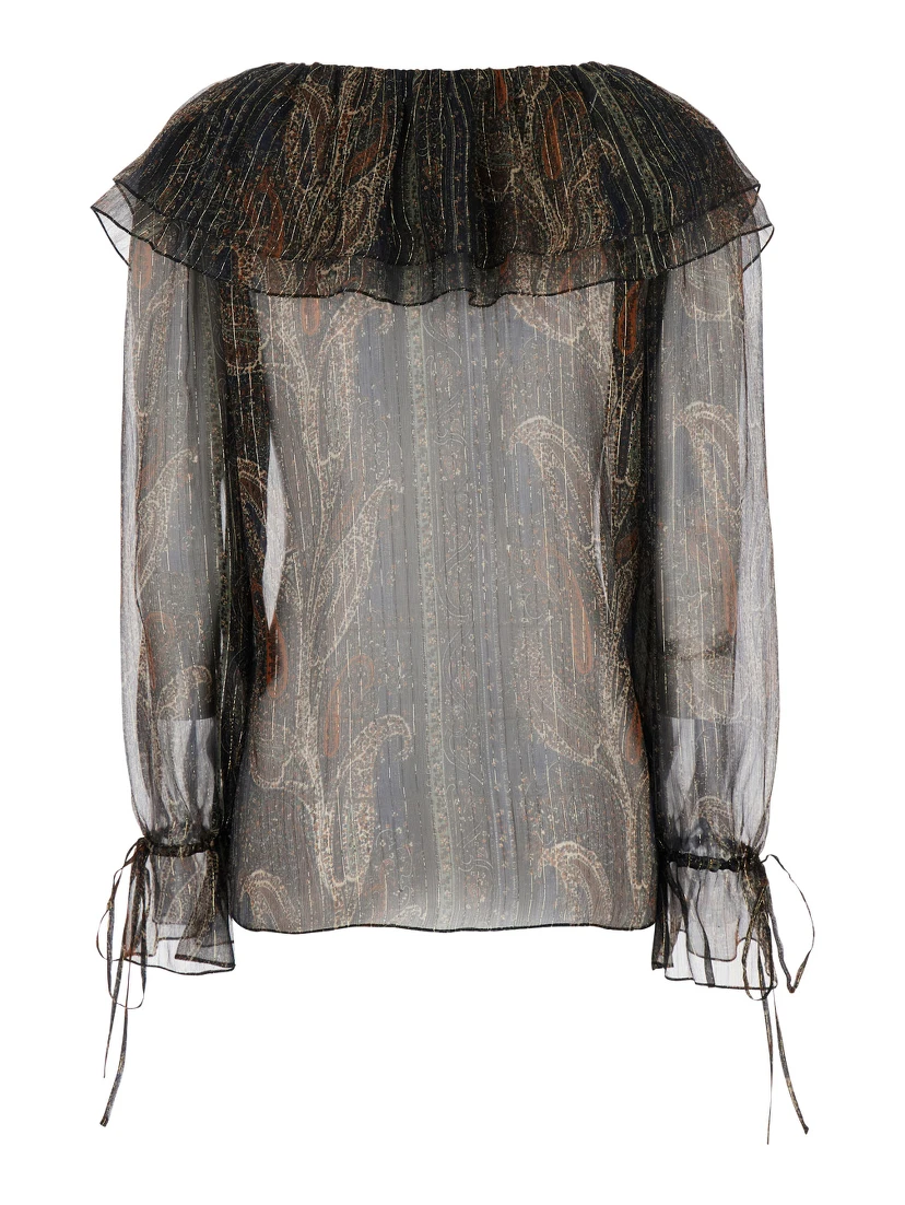 Multicolor Off-Shoulder Blouse with Drawstring Poet Sleeves in Silk Blend Woman