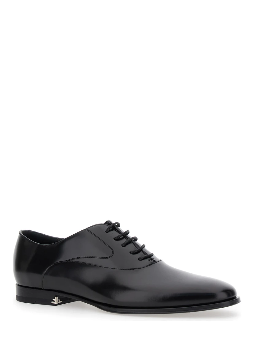 Black Lace-Up Shoes with Almond Toe and Front Laces in Leather Man