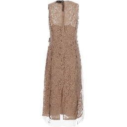 Beige Sleeveless Crewneck Dress with Floral Embroidery in Lace Woman