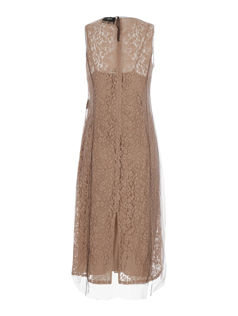 Beige Sleeveless Crewneck Dress with Floral Embroidery in Lace Woman