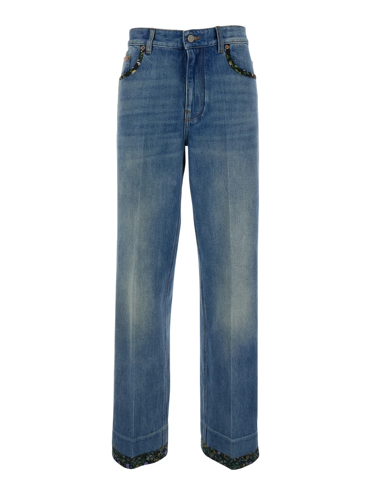 Blue Jeans with Logo Patch on the Rear and Floral Details in Denim Woman
