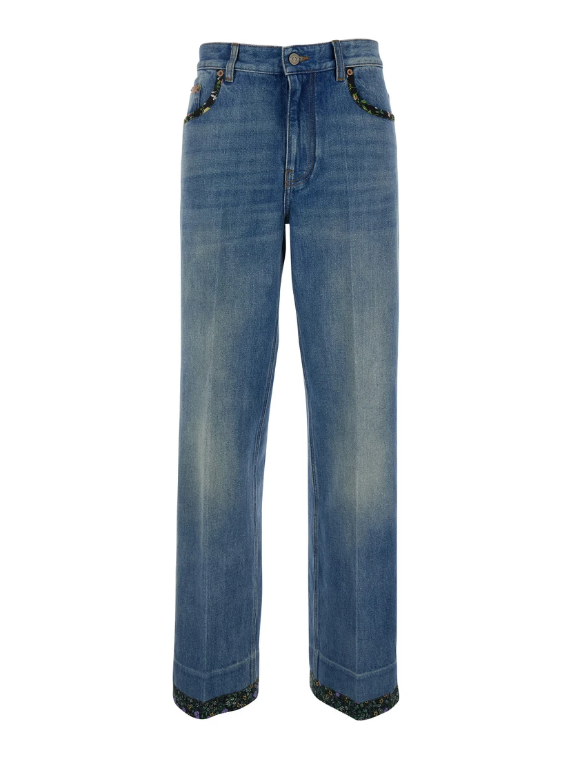 Blue Jeans with Logo Patch on the Rear and Floral Details in Denim Woman