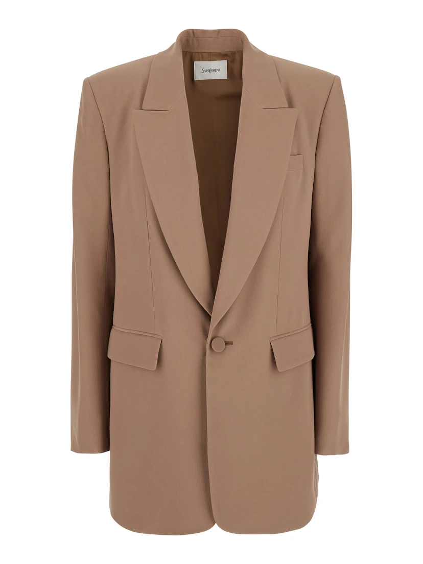 Beige Single-Breasted Jacket with Peak Lapels in Wool Woman