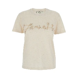 Beige Crewneck T-Shirt with Logo Embroidery on the Front and Rhinestone Details in Cotton Blend Jersey Woman