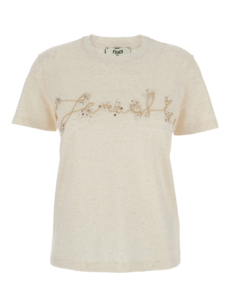 Beige Crewneck T-Shirt with Logo Embroidery on the Front and Rhinestone Details in Cotton Blend Jersey Woman