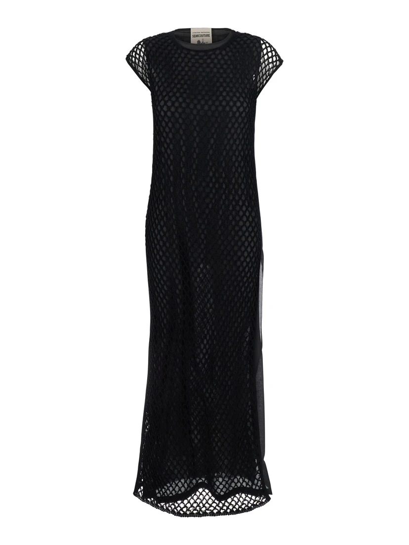 Black Crewneck Long Dress with Fishnet Design and Matching Underdress in Cotton Woman