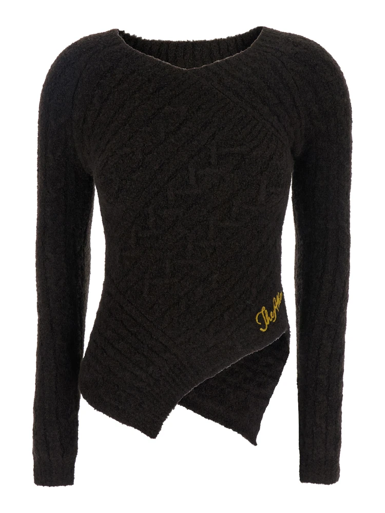 Brown Sweater with Asymmetrical Design and Logo Lettering in Wool Woman