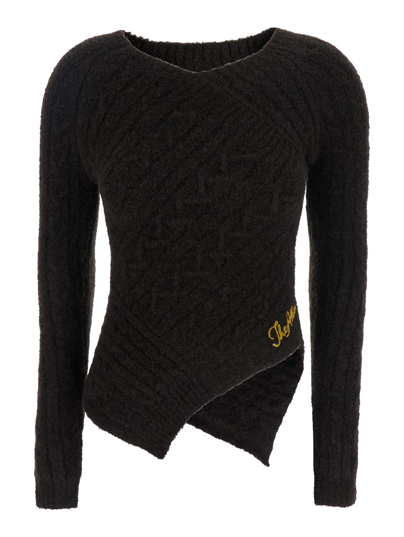 Brown Sweater with Asymmetrical Design and Logo Lettering in Wool Woman