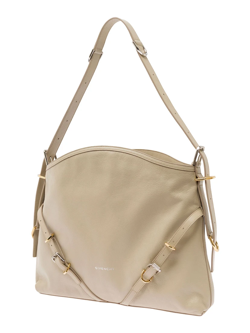 Voyou Beige Shoulder Bag with Embossed Logo in Smooth Leather Woman