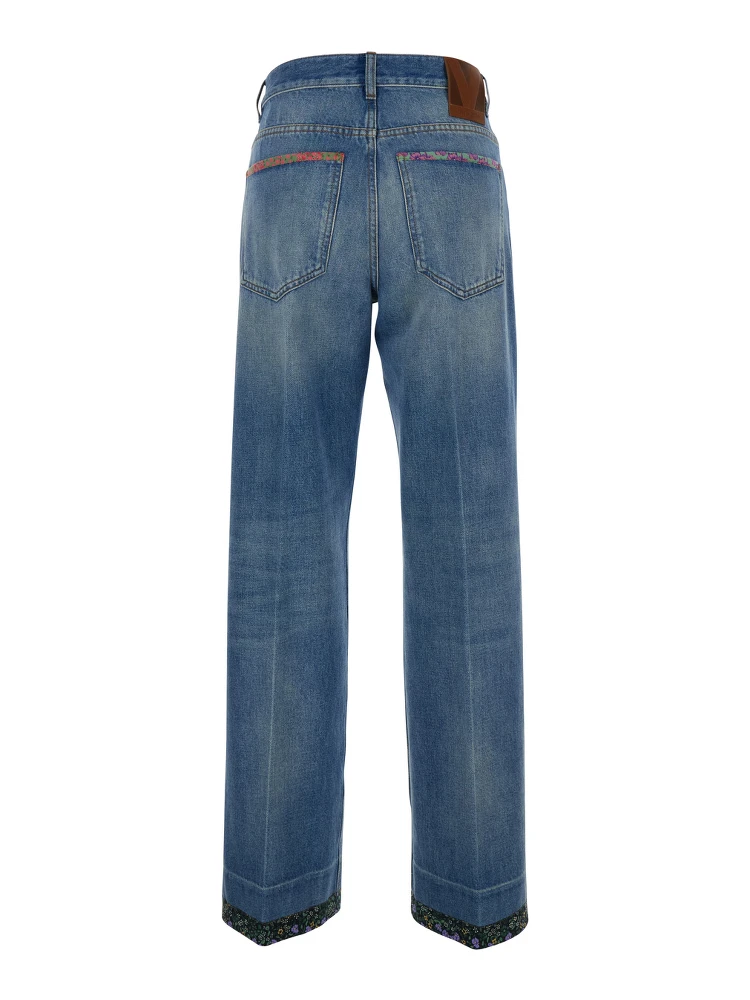 Blue Jeans with Logo Patch on the Rear and Floral Details in Denim Woman alternative