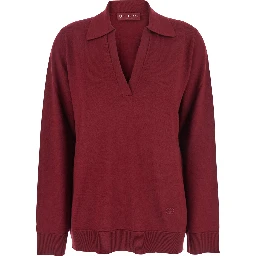 Bordeaux Polo Collar Sweater with GG Logo on the Front in Wool Woman
