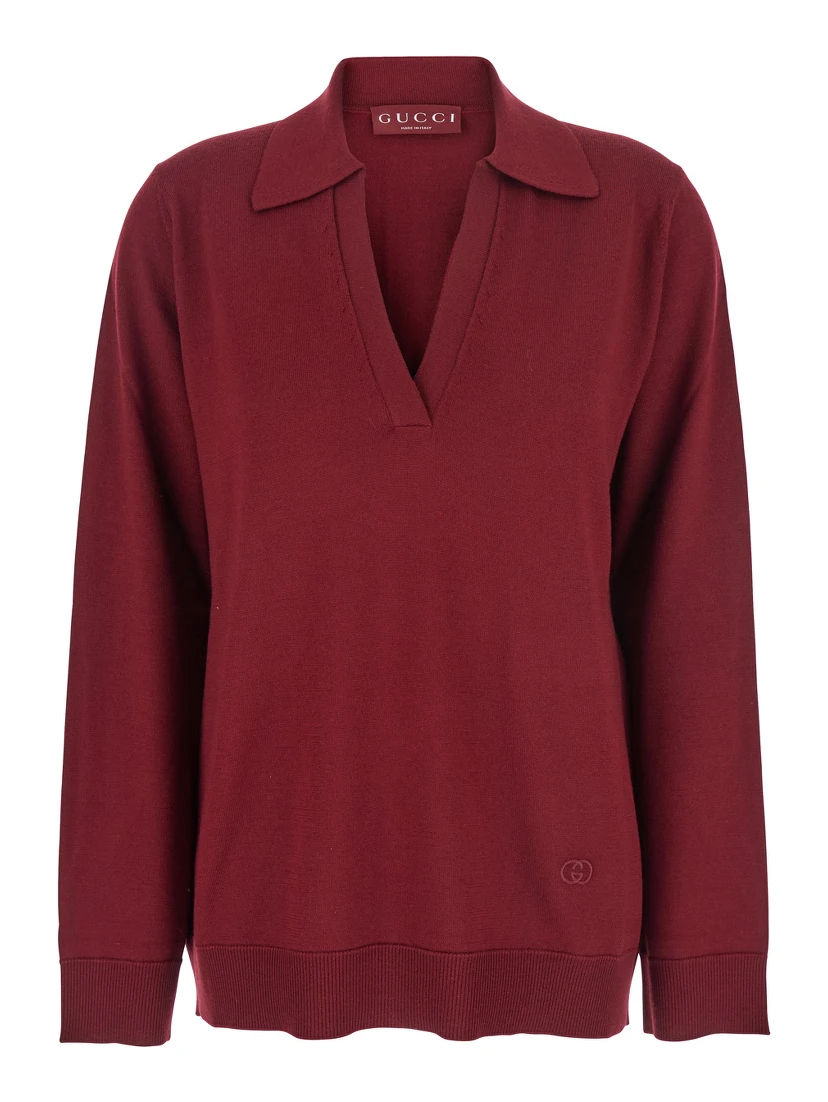 Bordeaux Polo Collar Sweater with GG Logo on the Front in Wool Woman