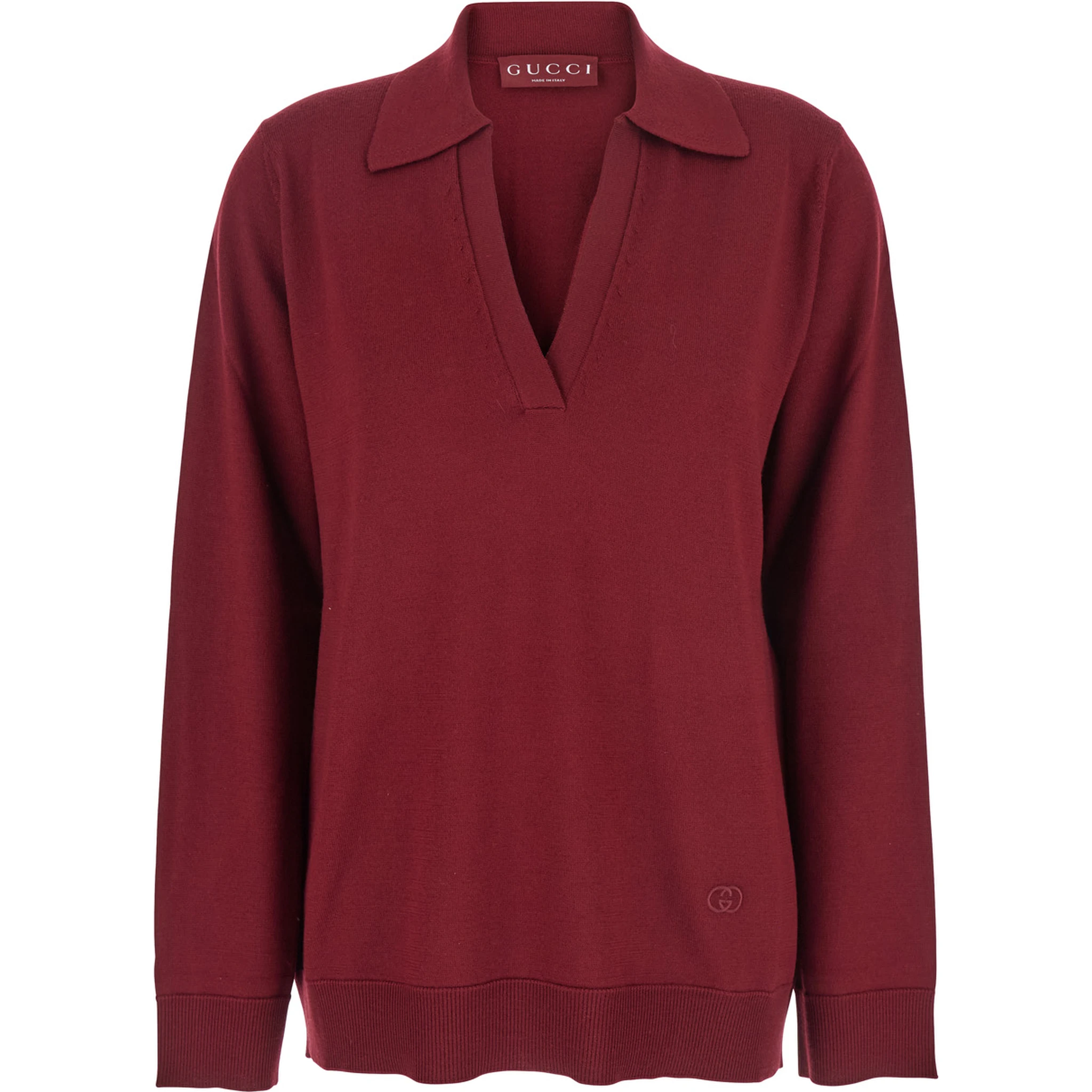 Bordeaux Polo Collar Sweater with GG Logo on the Front in Wool Woman