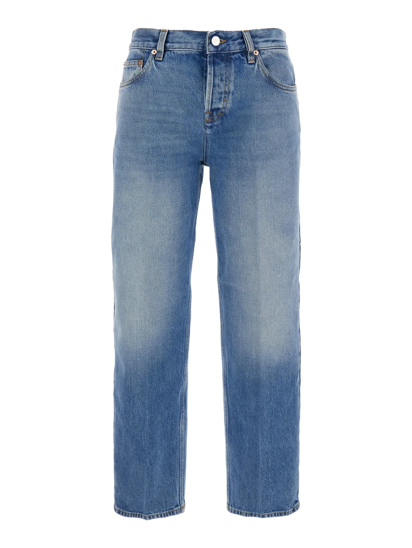 Blue Jeans with Logo Patch on the Rear and Faded Effect in Denim Woman