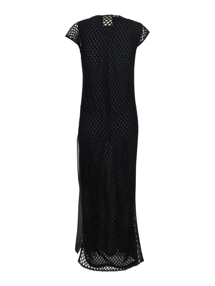 Black Crewneck Long Dress with Fishnet Design and Matching Underdress in Cotton Woman