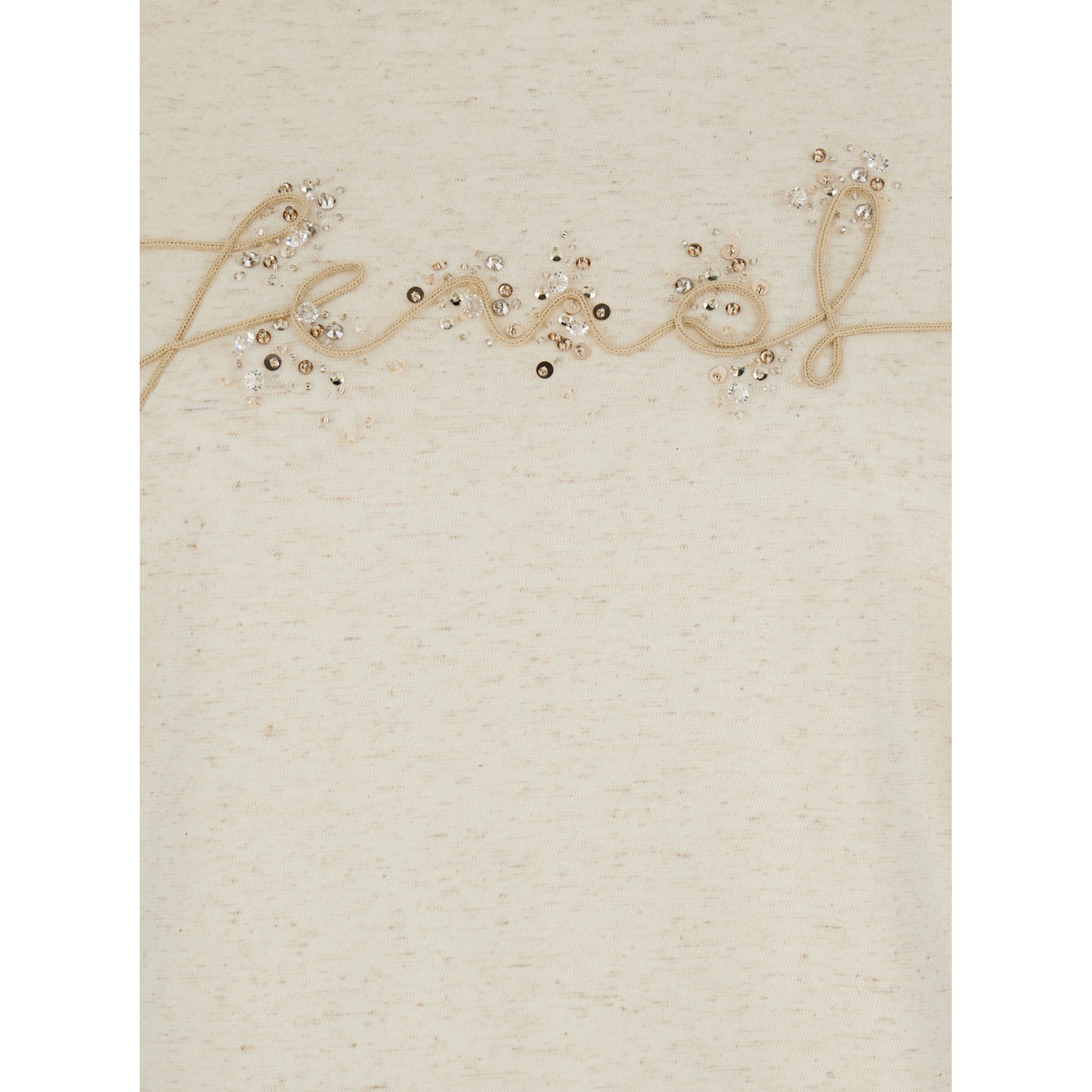 Beige Crewneck T-Shirt with Logo Embroidery on the Front and Rhinestone Details in Cotton Blend Jersey Woman