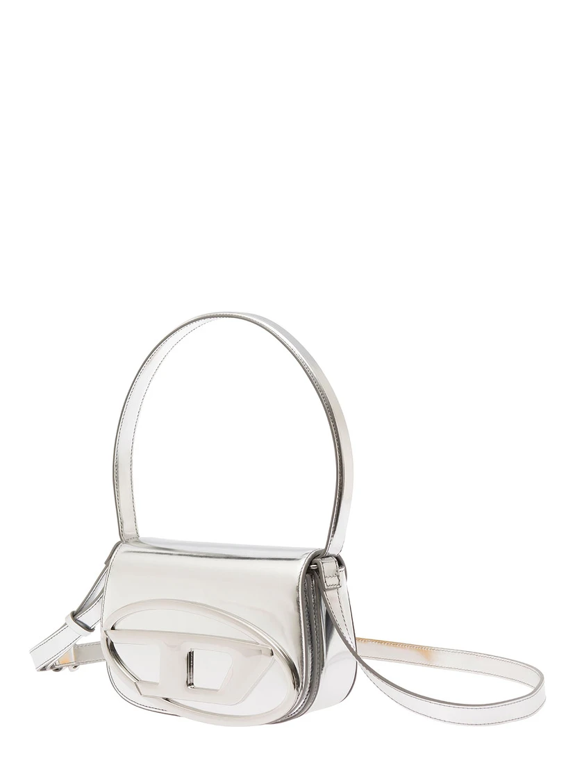 1DR Silver-Tone Shoulder Bag with Oval D Patch in Lamintaed Leather Woman