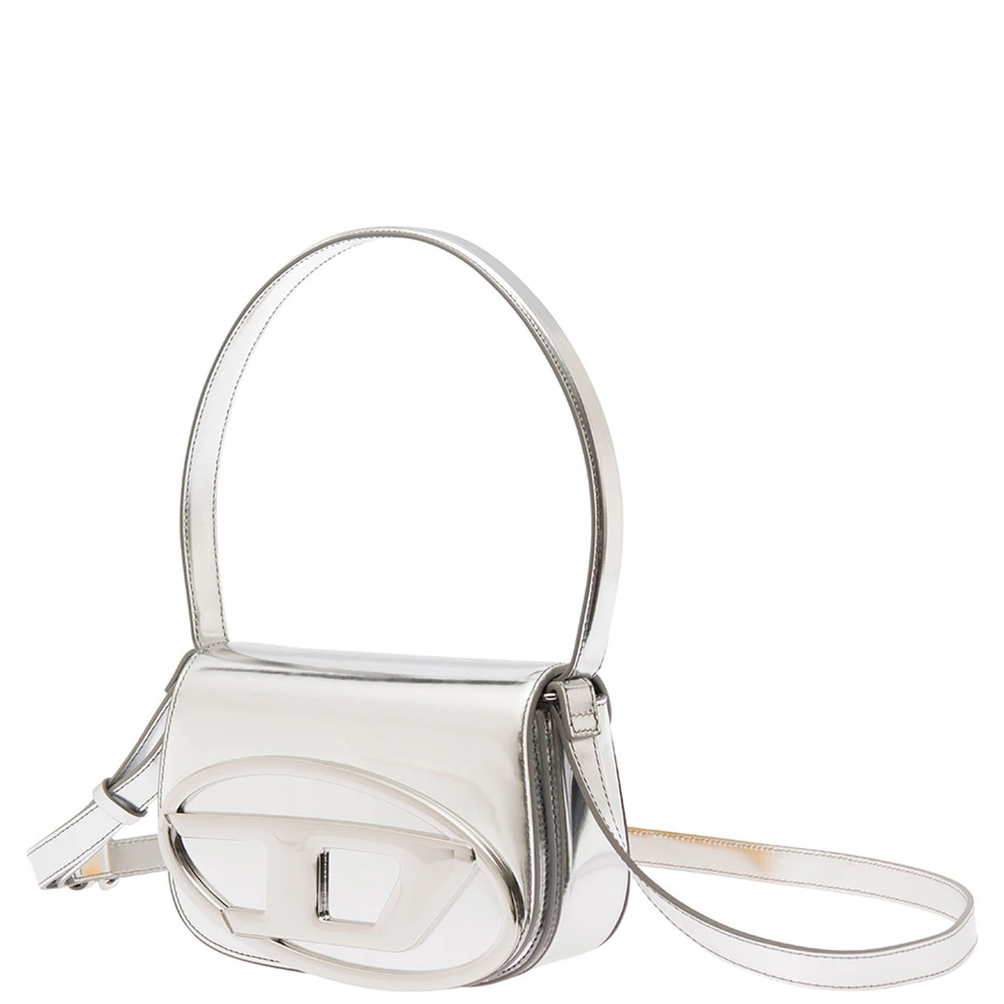 1DR Silver-Tone Shoulder Bag with Oval D Patch in Lamintaed Leather Woman
