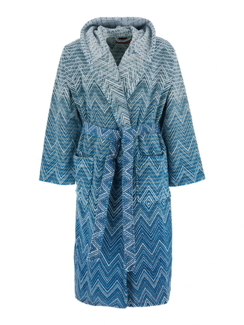 Stone Blue Bathrobe with Hood and All-Over ZigZag Motif in Cotton Home