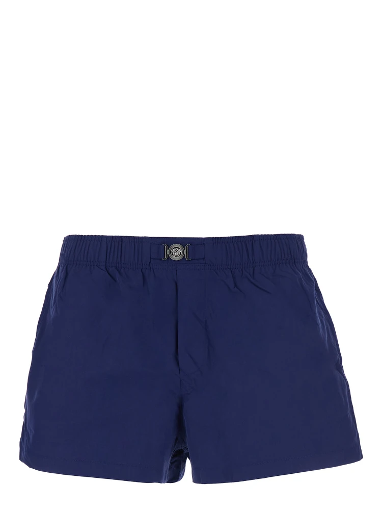 Blue Swim Shorts with Elastic Waist and Medusa Plaque on the Front in Tech Fabric Man
