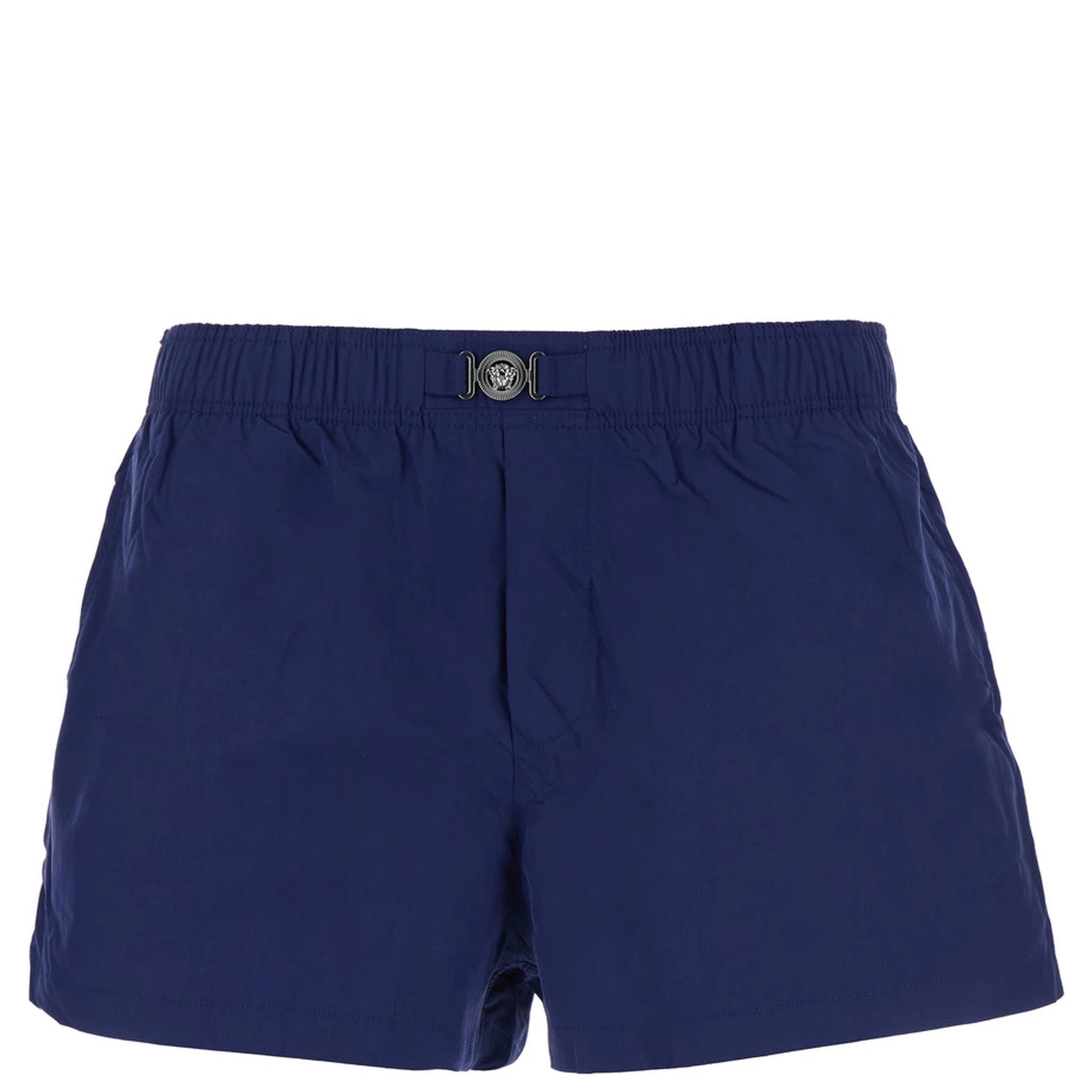 Blue Swim Shorts with Elastic Waist and Medusa Plaque on the Front in Tech Fabric Man