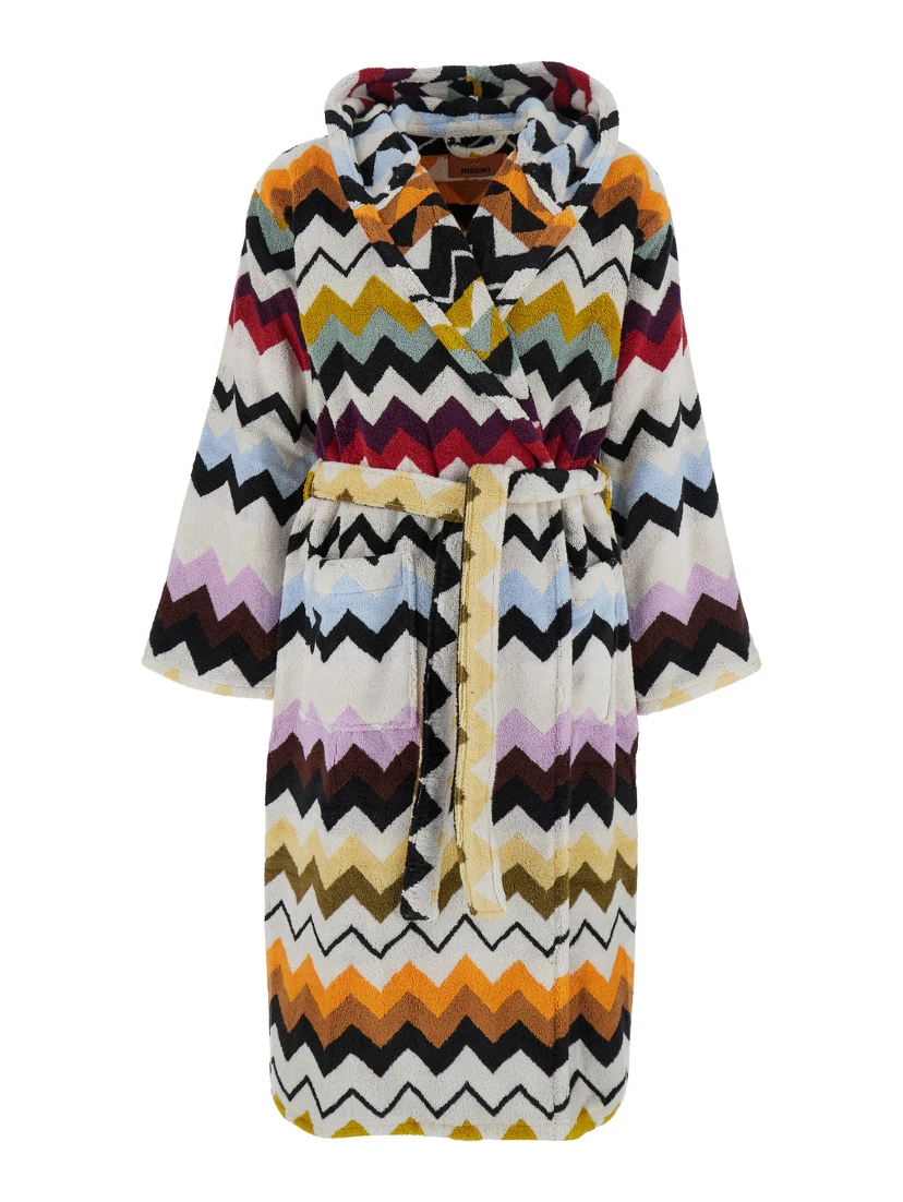 Murrina Multicolor Bathrobe with Hood and All-Over ZIgZag Motif in Cotton Home