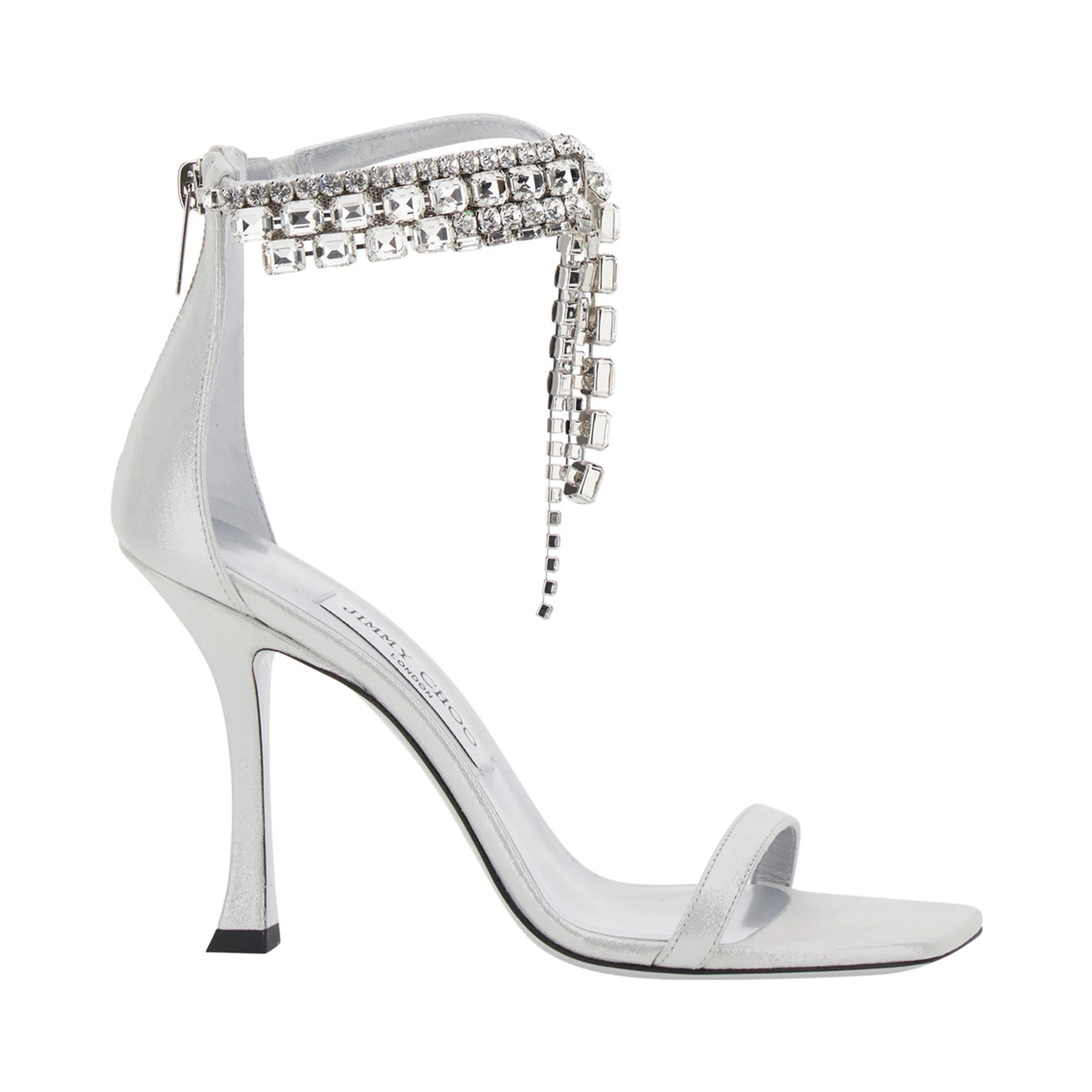 Crystal Metallic Sandals with Rhinestoned Ankle Strap and High Curved Heel in Leather Woman