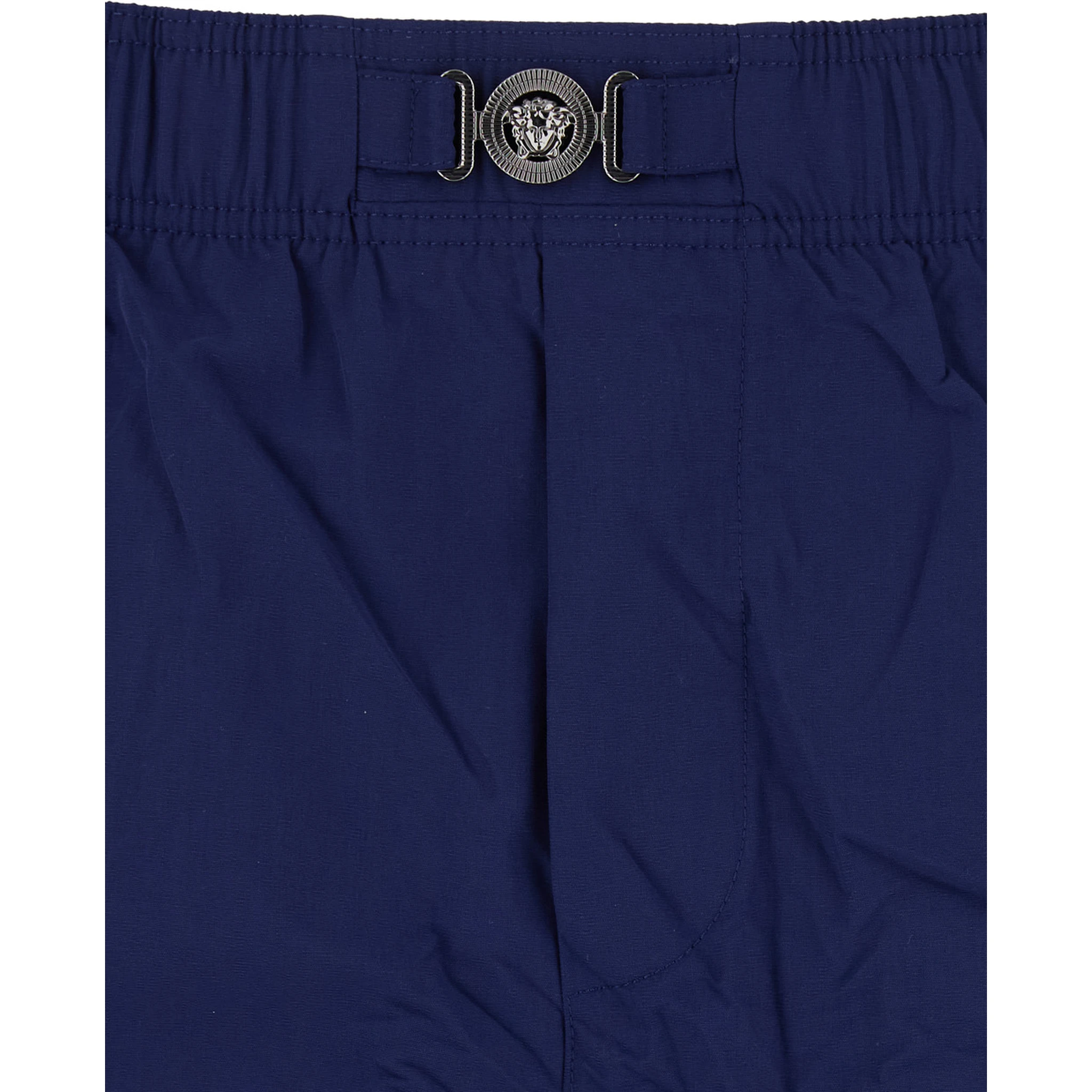 Blue Swim Shorts with Elastic Waist and Medusa Plaque on the Front in Tech Fabric Man