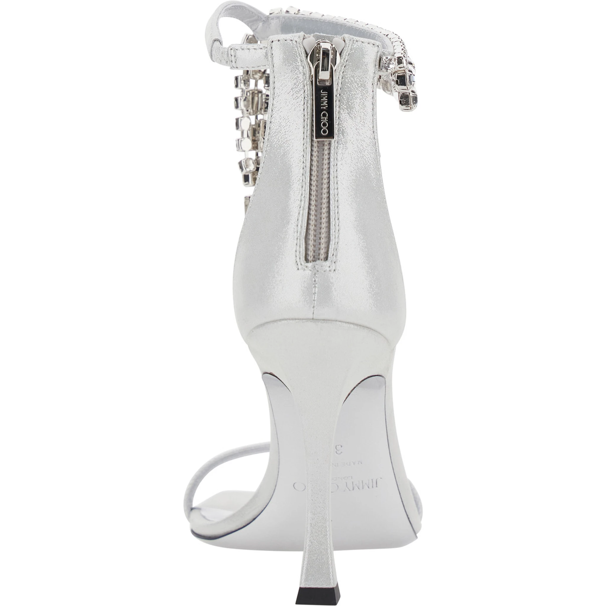 Crystal Metallic Sandals with Rhinestoned Ankle Strap and High Curved Heel in Leather Woman