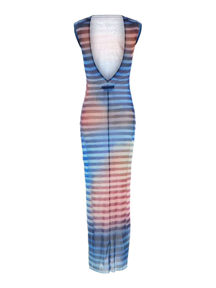 MESH HIGH NECK OPEN BACK LONG DRESS PRINTED AIR